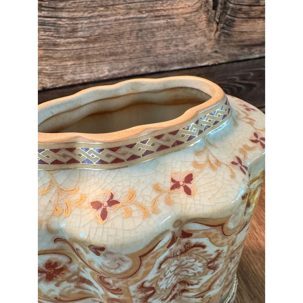 Amita Crackle Glaze Ceramic Jar with Ormolu Brass Base Floral Decorative Vase